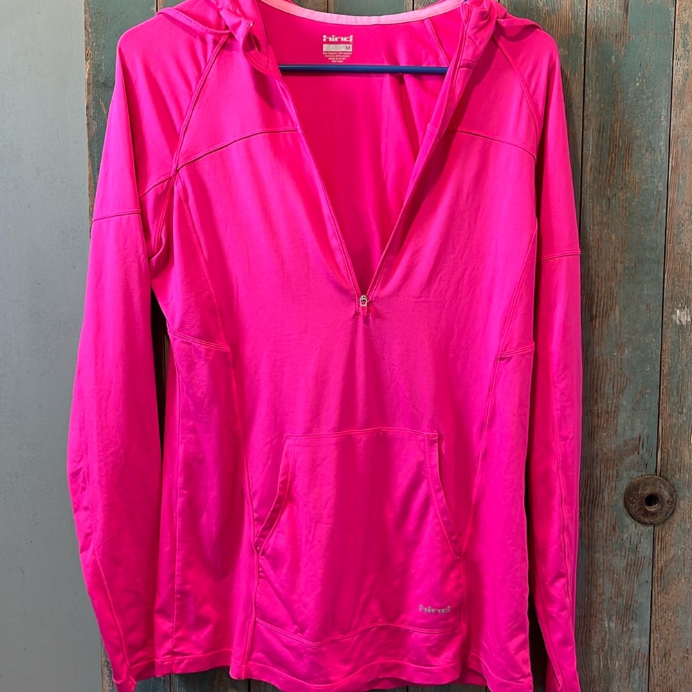 Hind women’s medium hot pink long sleeve hooded shirt 1 sleeve need hemmed pic